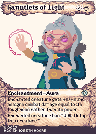 Work in progress of a pixel art Gauntlets of Light MtG card featuring a Kithkin